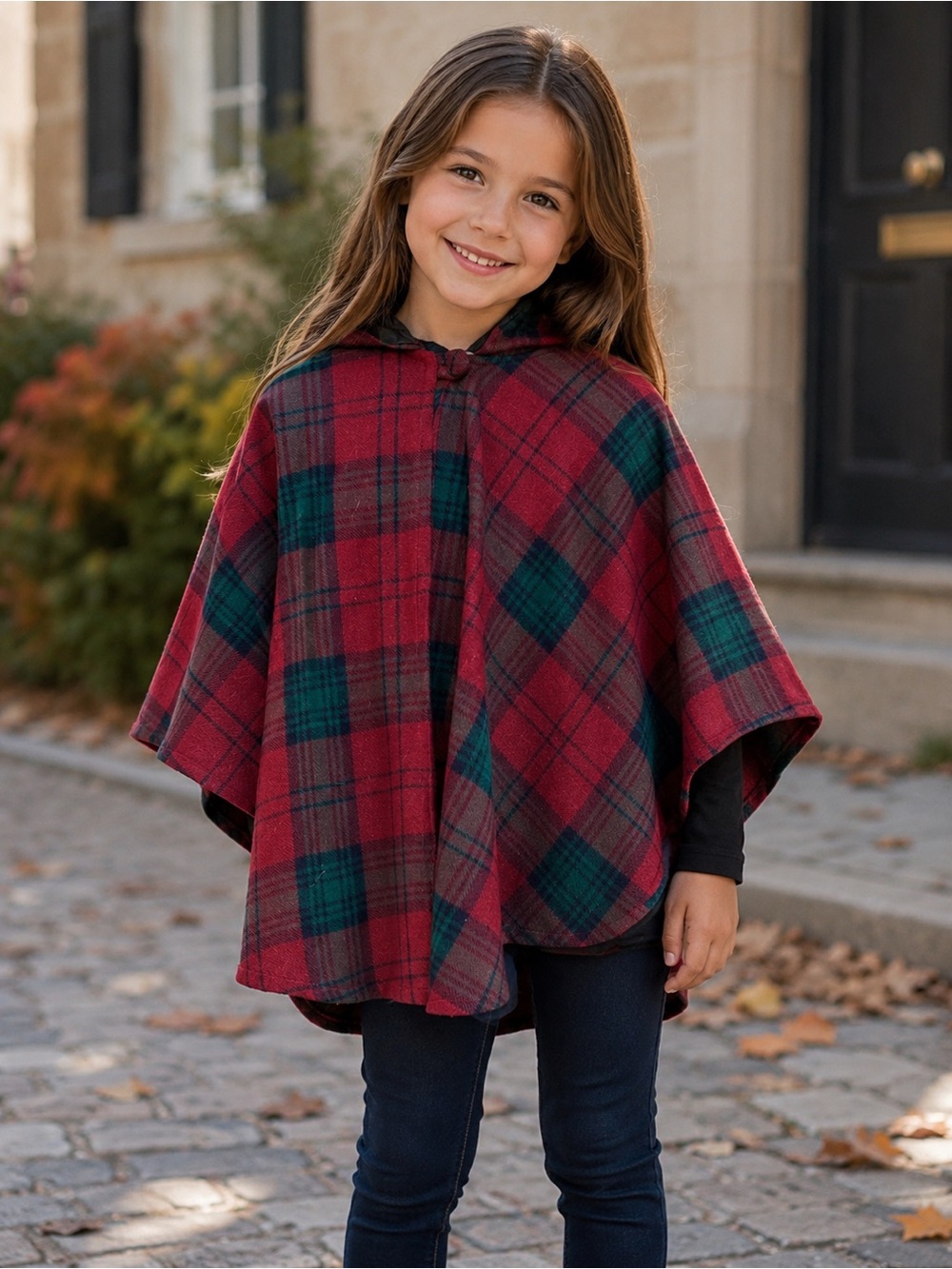 O'Neil of Dublin girls Scottish Wool burgundy & green tartan Hooded Cape Sz M
